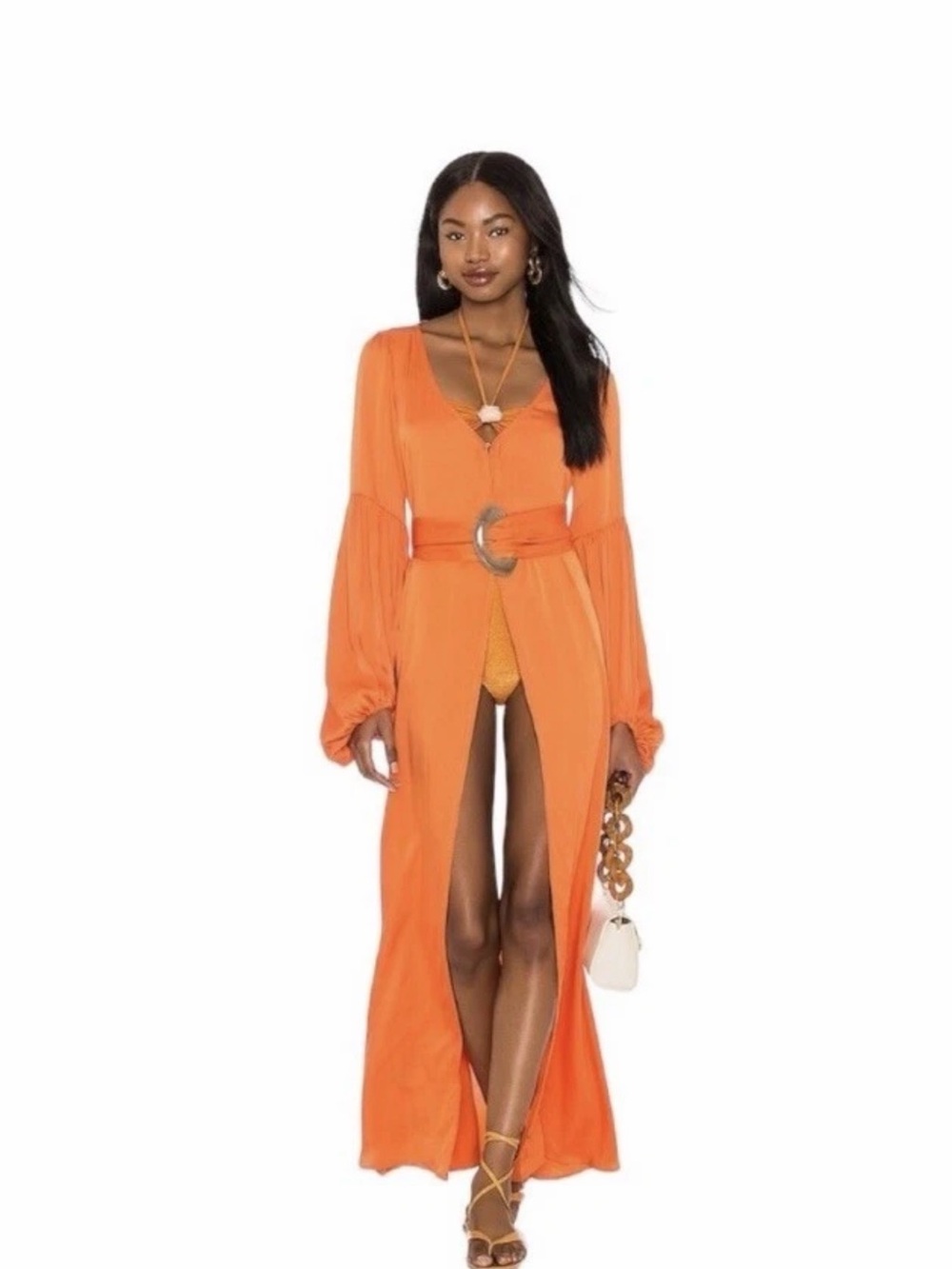Shani Shemer Maxi Dress Coverup Robe Balloon Sleeves Orange Medium